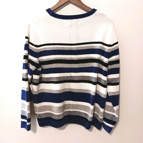 Alfred Dunner Chenille Stripe Beaded Sweater Sz L Blue White Black Gray Crewneck - Picture 6 of 11